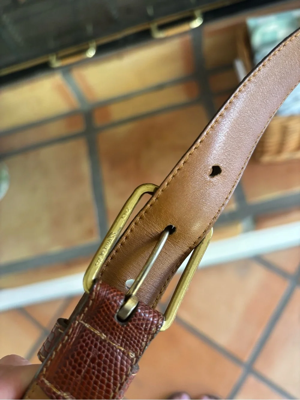Vintage  Lizard skin Brown Men's Belt with 100% Brass Buckle Made in USA